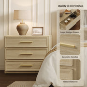 SICOTAS 3-Drawer Nightstand Set of 2 with Oversized Storage, Adjustable Feet, Gold Handles, Light Oak Finish, 31.3 in W