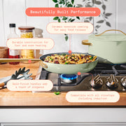 Beautiful 18-Piece EverGood Ceramic Nonstick Cookware Set with Strainer Lids, Gold-Finished Handles, Sage Green, 29334
