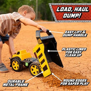 Maxx Action Steel Dump Truck Toy, 16in, Motorized Dumping Bed, Lights and Sounds, Metal and Plastic Construction, Yellow and Black