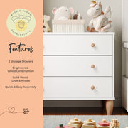 Buzz & Bloom Small Kids 3-Drawer Wood Dresser Chest, White and Natural, Child-Safe Interlocking Drawers, Solid Rubberwood Legs