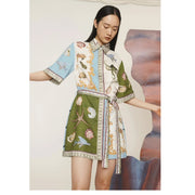 International selection Women Floral Cotton Linen Dress, Short Sleeve Tie Waist Casual Summer Dress, Blue