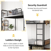 Anyact Twin over Full Bunk Bed, Antique Heavy Duty Metal Bed Frame with Storage Bag & Hooks, Black/Brown