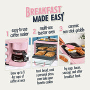 Nostalgia 3-in-1 Retro Breakfast Station, 5-Cup Coffee Maker, Ceramic Non-Stick Griddle, 4-Slice Toaster Oven, Built-In Timer, Pink