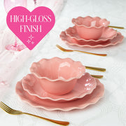 Paris PH13812-AZ Hilton Heiress Collection 12-Piece Dinnerware Set, Scalloped Ruffle Rim, Durable Stoneware, Microwave, Rose Pink
