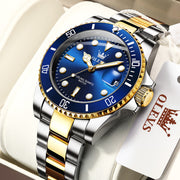 OLEVS Classic Dress Men's Wristwatch, Two-Tone Gold Plated Stainless Steel Bracelet, Blue Dial, Analog Quartz Movement, Date Display, Waterproof, Luminous Hands, 5885