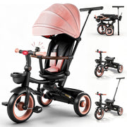 JoyStone 7 in 1 Foldable Toddler Tricycle Stroller with Adjustable Canopy, Parent Handle, Pink