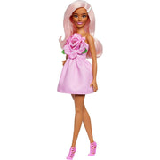 Barbie HYT94 Fashionistas Doll, Petite Body, Strapless Pink Rose Dress, Pastel Pink Hair with Pearly Barrette, Poseable