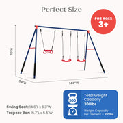 Delta Children FunZone Outdoor Metal 3-Piece Swing Set, 2 Adjustable Swings and Trapeze Bar with Gym Rings, Blue/Red