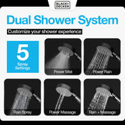 BLACK+DECKER 5-Setting Dual Handheld and Rainfall Shower Head with Anti-Clog Nozzles, 60in Stainless Steel Hose, Chrome BD0029
