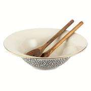Thyme & Table Dot Ceramic 3-Piece Serve Bowl Set, Black and White Dotted Design, Includes Wooden Serving Spoons