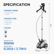 Edx Standing Garment Steamer, 1500W Powerful Heating, 1.8L Removable Water Tank, Adjustable Telescopic Hose, Automatic Safety Shut-Off, Gray