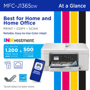 Brother INKvestment 1365 Wireless Color Inkjet All-in-One Printer with Automatic Duplex Printing, 1.8 in Color Display, White, MFCJ1365DW