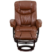 Flash Furniture BT7821VIN Contemporary Brown Leather Recliner and Curved Ottoman with Swiveling Mahogany Wood Base