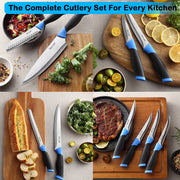 McCook Kitchen Knife Block Set, 24-Piece Stainless Steel Cutlery with Ultra-Sharp Forged High-Carbon German Blades, Built-In Sharpener, Measuring Cups and Spoons, Blue, MC706