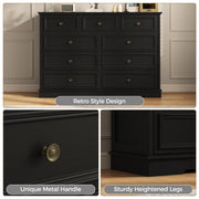 IDEALSOUL Black 9 Drawer Dresser, Retro Wood Storage Cabinet with Round Bronze Handles, Spacious Combo Design for Bedroom, Living Room, Hallway