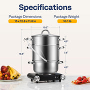 SPECSTAR 11-Quart Stainless Steel Juice Steamer, 3-Layer Design, Tempered Glass Lid, Hose Clamp, Loop Handles
