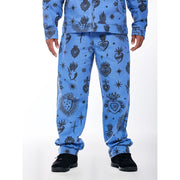 Hija De Tu Madre Unisex Carpenter Pants, Dutch Blue, Sacred Heart Graphic, 100% Cotton Twill, Relaxed Fit, Adjustable Waist, Exterior Pockets, Sizes XS-3XL