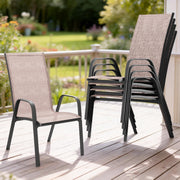 FUNDAZE Outdoor Dining Chairs Set of 4, Stackable Patio Dining Chairs with Armrest, Brown Fabric, Rustproof Steel Frame, High Back, Space Saving Design