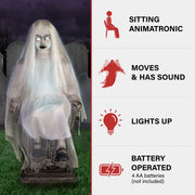 Haunted Hill Farm HHSTMBGRL-1FLSA Motion-Activated 4-ft Sitting Tombstone Girl by Tekky, Premium Talking Halloween Animatronic