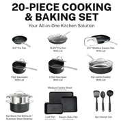 Graniteston Ceraluxe 20-Piece Ceramic Nonstick Aluminum Cookware Set in Black