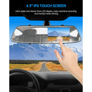 Toguard CE35 4.3 Inch Mirror Dash Cam, Dual Front and Rear Recording, Touchscreen, 170 Wide Angle, Night Vision