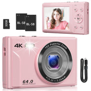 Saneen K8 4K 64MP Compact Point & Shoot 2.8'' Autofocus w/16X Zoom Anti Shake 32GB Card Mini Camera, Pink