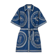 Women Floral Cotton Linen Dress, Short Sleeve Tie Waist Casual Summer Dress