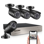 ZOSI Security Camera System, 8-Channel DVR Recorder, 1080p HD with H.265+ Compression, 4 Weatherproof Indoor Outdoor Cameras, 65ft Night Vision, No Hard Drive