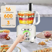 Homtone DS-1360-WI 600W Food Processor 16 Cup Capacity 9 Functions 7 Blades 3 Speeds