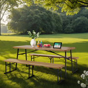 Living & More MSF5362500861DB 3-Piece Picnic Table Set, 6 Foot Polyethylene Folding Table with 2 Folding Benches, Weather Resistant, Dark Brown Wood Finish with Black Metal Legs