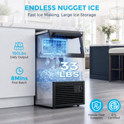 Snowyermine Commercial Ice Maker, 150 lb Daily Output, 33 lb Storage Bin, Dual Water Inlet, Adjustable Ice Thickness, Stainless Steel, IMSS10N1A029