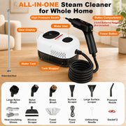 KANFUAQ Handheld Steam Cleaner, 2500W Power, 3-Level Adjustable Steam Control, 1.4L Large Tank, 15pcs Accessories, Portable Steamer for Home Bathroom Kitchen Car, White, TC-SC-005