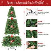 Firstness 7.5ft Pre-Lit Artificial Christmas Tree with 450 Warm White LED Lights, 1300 Branch Tips, Pine Cones and Red Berries