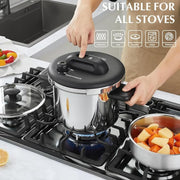 KOCH SYSTEME CS Stainless Steel Pressure Cooker, 8.5QT Capacity, 18/10 Food-Grade Stainless Steel, Induction Ready, Easy One-Press Lock, Glass Lid with Steamer, 3 Adjustable Pressure Settings