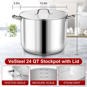 Vesteel 24 Quart Stainless Steel Stock Pot with Lid, Tri-ply Construction, Induction Compatible, Heavy Duty