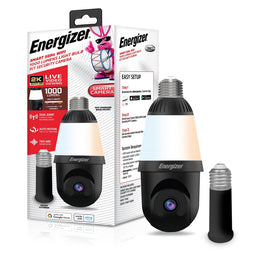 Energizer Smart 2K Light Bulb Security Camera, 1000 Lumens LED, 355 Pan & 90 Tilt Auto-Tracking, Night Vision, Dual-Band Wi-Fi, Two-Way Audio, Black, EOP1-1003