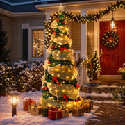 Yexmas Pre-Lit Artificial Christmas Tree with Warm White Lights, Decorated Christmas Tree with Gold Ribbon, Red Bows and Ornaments, Foldable Stand for Indoor Holiday Decor