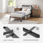 EDX Twin Bed Frame with Cushioned Headboard, Integrated Charging Station, Adjustable Height, Gray Wood Finish, Spacious Underbed Storage