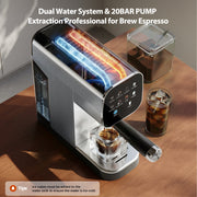 Patbrela Espresso Machine with Cold Brew, 20 Bar Coffee Maker, Steam Milk Frother, LED Touchscreen, Silver, CM0021