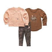 Carhartt French Terry Bomber Jacket, Long-Sleeve T-Shirt, Leggings 3-Piece Set for Baby Girls, Mossy Oak Country DNA, 9 Months