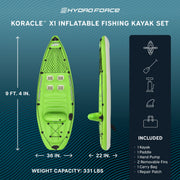 Bestway Hydro-Force Koracle X1 Inflatable Fishing Kayak, 9 ft 4 in, Lightweight Green, Single Seat, 1065097USX23