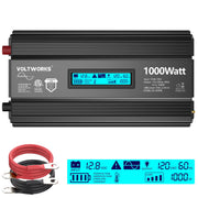Voltworks 1000W Pure Sine Wave Power Inverter, DC 12V to AC 110-120V, 3 AC Outlets, 2.4A Dual USB Ports, LCD Display, Black, VS-1000PB