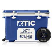 RTIC 52 QT Wheeled Hard-Sided Ice Chest Cooler, Ultra-Light Polypropylene, 78 Can Capacity, Cobalt White, 29450