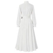 FYEGRE Clergy Dress for Women, Long Sleeve A-Line Maxi Dress with Stand Collar and Belt, White, Size S