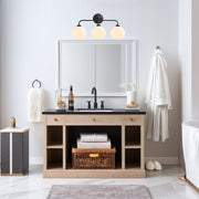 Reagan Bathroom Vanity Light Fixture, Triple Mouth-Blown Glass Globes, Matte Black Steel Frame, Dimmable, Damp Rated, 22 in