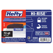 Hefty HI-RISE 72 Quart Large Latching Clear Plastic Storage Bin with Stackable Blue Lid