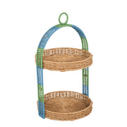 Beautiful Two-Tier Two-Tone Resin Rattan Serving Tray, Natural Brown and Coastal Blue, Lightweight Scratch-Resistant