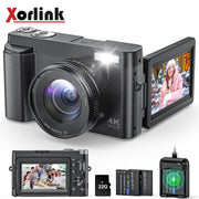 Xorlink Compact Digital Camera, 48MP, Autofocus, Anti-Shake, 3.6in 180 Flip Screen, Built-In Flash, 16x Optical Zoom, Includes 32GB Card and Battery Charger, Black