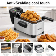 Bluebow Electric Deep Fryer, 3.2QT Oil Capacity, 1700W Immersion Heating, Adjustable Temperature, Stainless Steel with Viewing Window Lid, HD3301