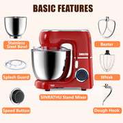 Sinrathu 6.5QT Kitchen Stand Mixer, 10-Speed Tilt-Head with Stainless Steel Bowl, Dough Hook, Beater, Whisk, Empire Red, 1530
